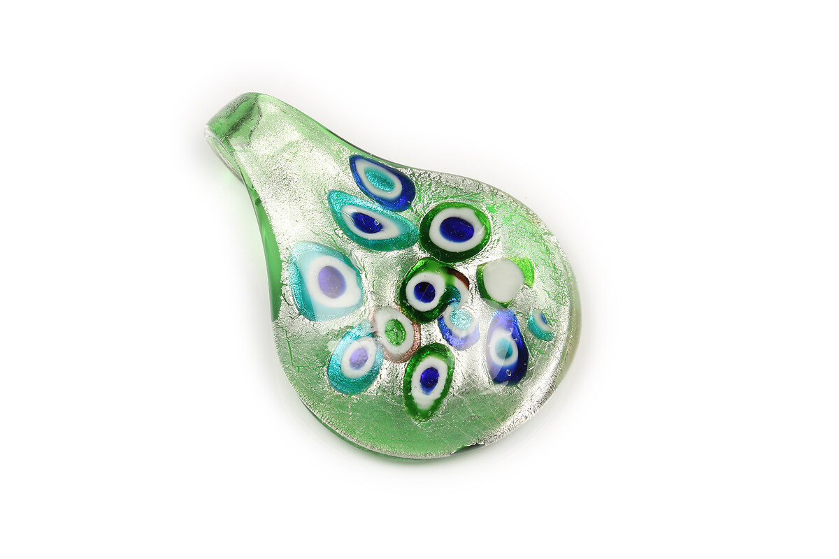 Pandantiv tip Murano cu foita argintie frunza 37x51mm