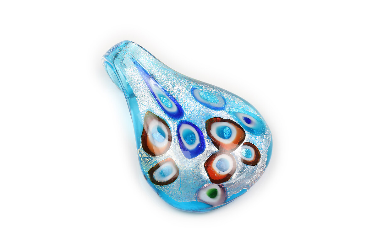 Pandantiv tip Murano cu foita argintie frunza 37x51mm