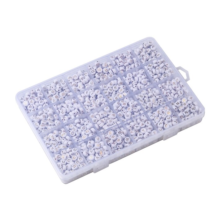 Margele litere set creativ, cutie 19x13x2,2cm cu 1898 margele cu litere albe cu auriu