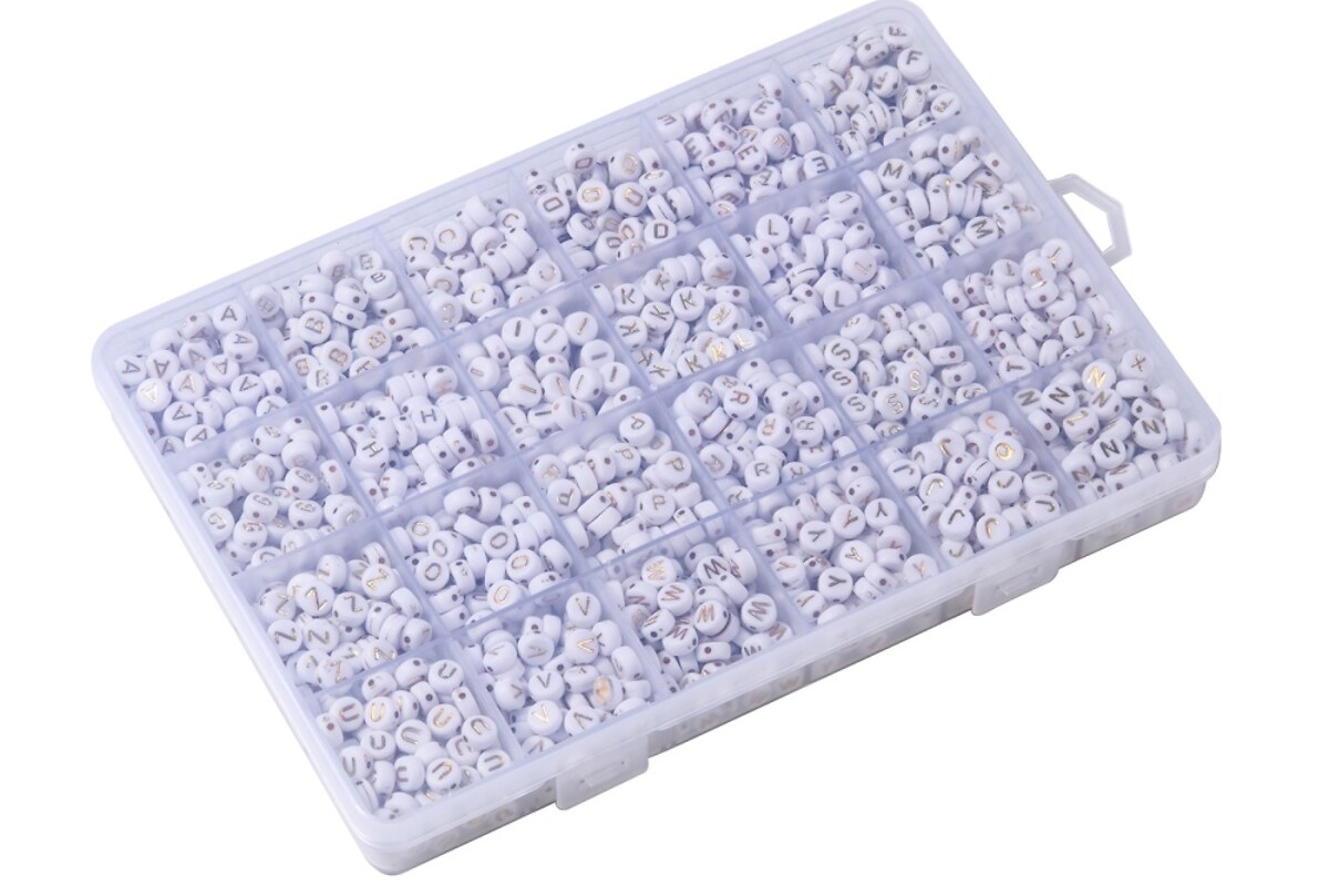 Margele litere set creativ, cutie 19x13x2,2cm cu 1898 margele cu litere albe cu auriu