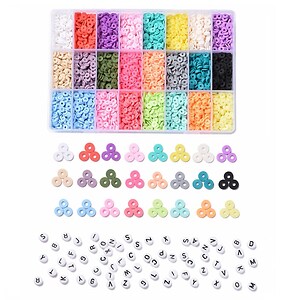 Margele set creativ, cutie 19x13x3,6cm cu 240gr. margele Heishi din lut polimeric, CADOU litere de plastic 40gr.