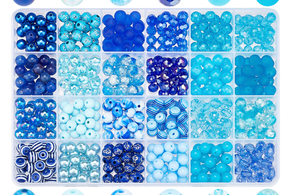 Margele set creativ, cutie 19x13x2cm cu 600 buc. margele albastre, plastic, cristal, rasina