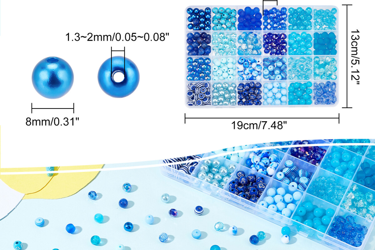 Margele set creativ, cutie 19x13x2cm cu 600 buc. margele albastre, plastic, cristal, rasina