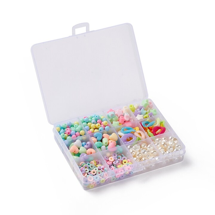 Margele set creativ, cutie 13x10x2,2cm cu 728 buc. margele plastic si margele Heishi din lut polimeric