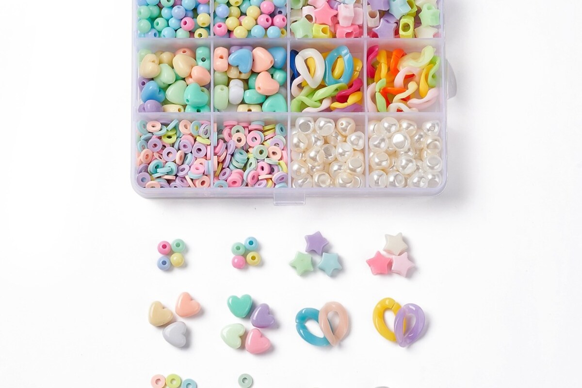 Margele set creativ, cutie 13x10x2,2cm cu 728 buc. margele plastic si margele Heishi din lut polimeric