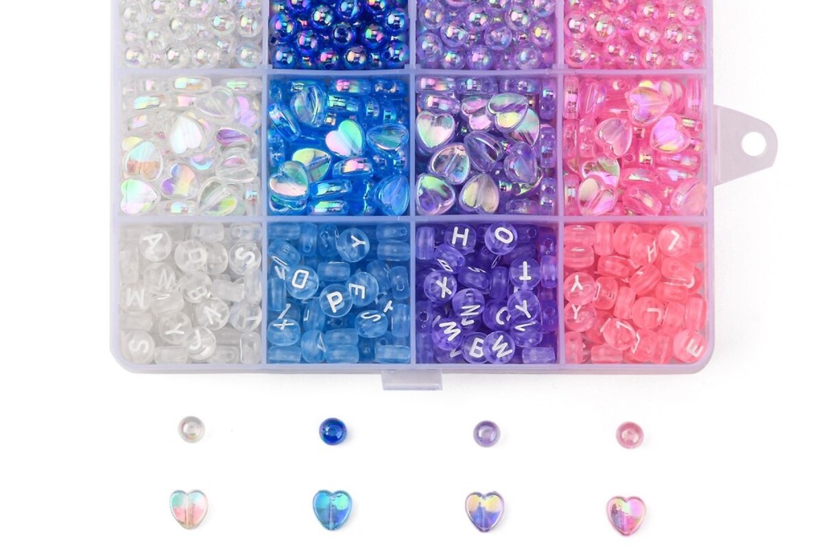 Margele set creativ, cutie 13x10x2,2cm cu 868 buc. margele plastic si margele litere