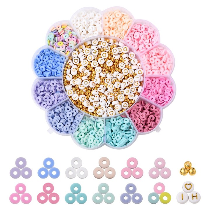 Margele set creativ, cutie floare 15,5x2cm cu 118 gr. margele Heishi, margele plastic si margele litere