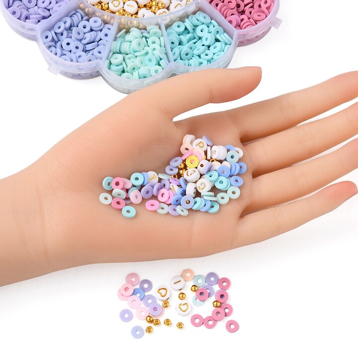 Margele set creativ, cutie floare 15,5x2cm cu 118 gr. margele Heishi, margele plastic si margele litere