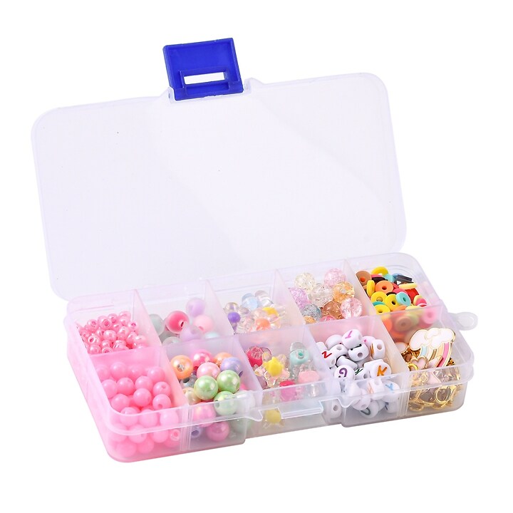 Margele set creativ, cutie 13x7x2,2cm cu 420 buc. margele plastic, margele Heishi, litere si pandantive metalice