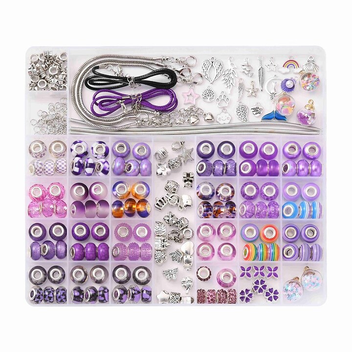 Margele set creativ, cutie 20x22,5x2cm cu 236 margele europene cu orificiul mare si accesorii pentru bratari, kit mov