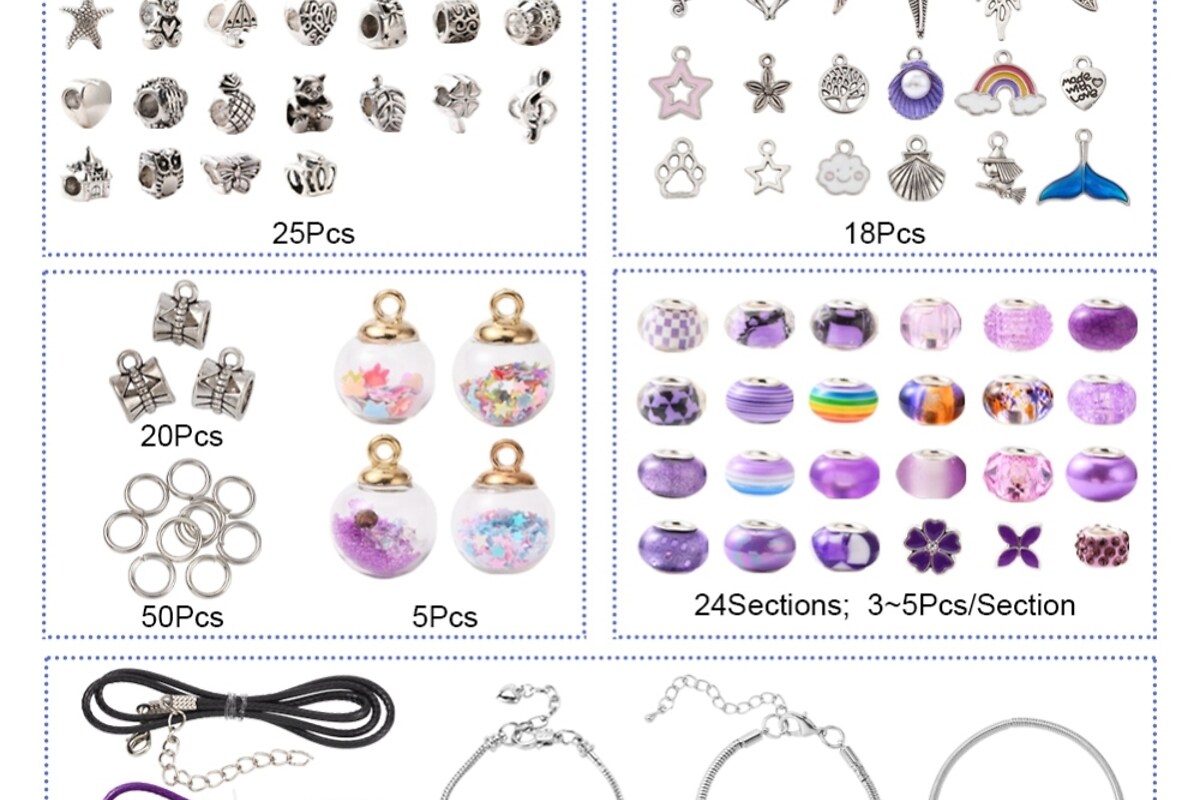 Margele set creativ, cutie 20x22,5x2cm cu 236 margele europene cu orificiul mare si accesorii pentru bratari, kit mov