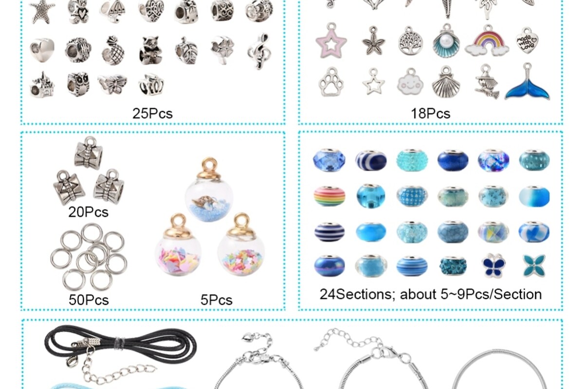 Margele set creativ, cutie 20x22,5x2cm cu 236 margele europene cu orificiul mare si accesorii pentru bratari, kit albastru