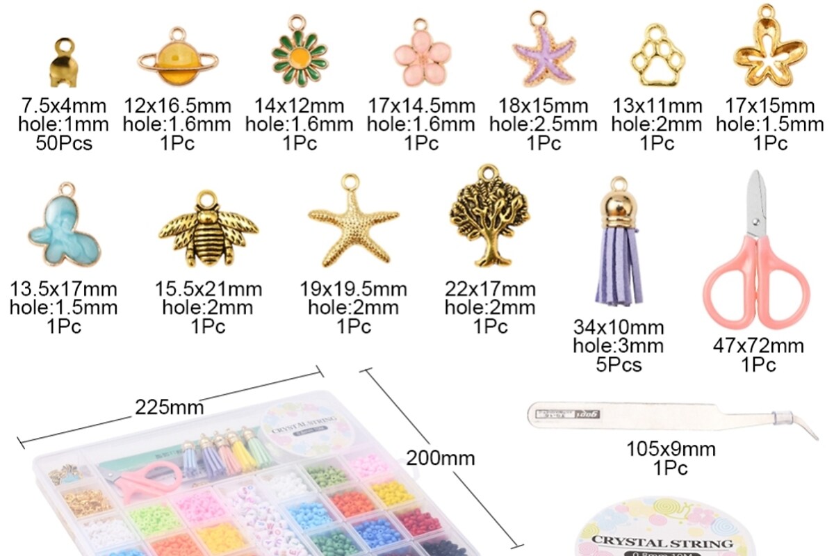 Margele set creativ, cutie 20x22,5x1,9cm cu 240 gr. si 455 buc. margele heishi, margele de nisip, litere si accesorii