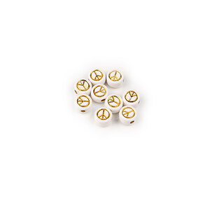 Margele din plastic, plate 7mm, 100 buc, alb cu sigla pace aurie