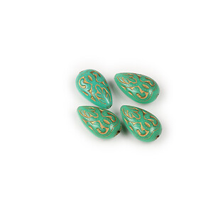 Margele de plastic verde cu insertii metalice aurii, lacrima 18x11mm