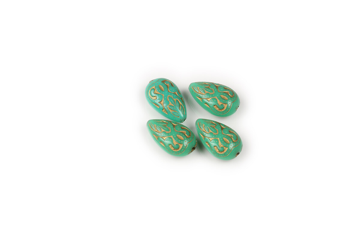 Margele de plastic verde cu insertii metalice aurii, lacrima 18x11mm