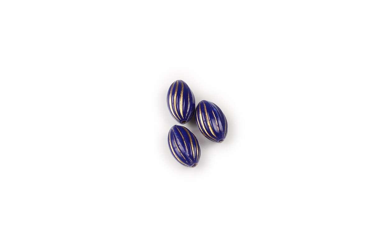 Margele de plastic albastru inchis cu insertii metalice aurii, oval 14,5x9mm