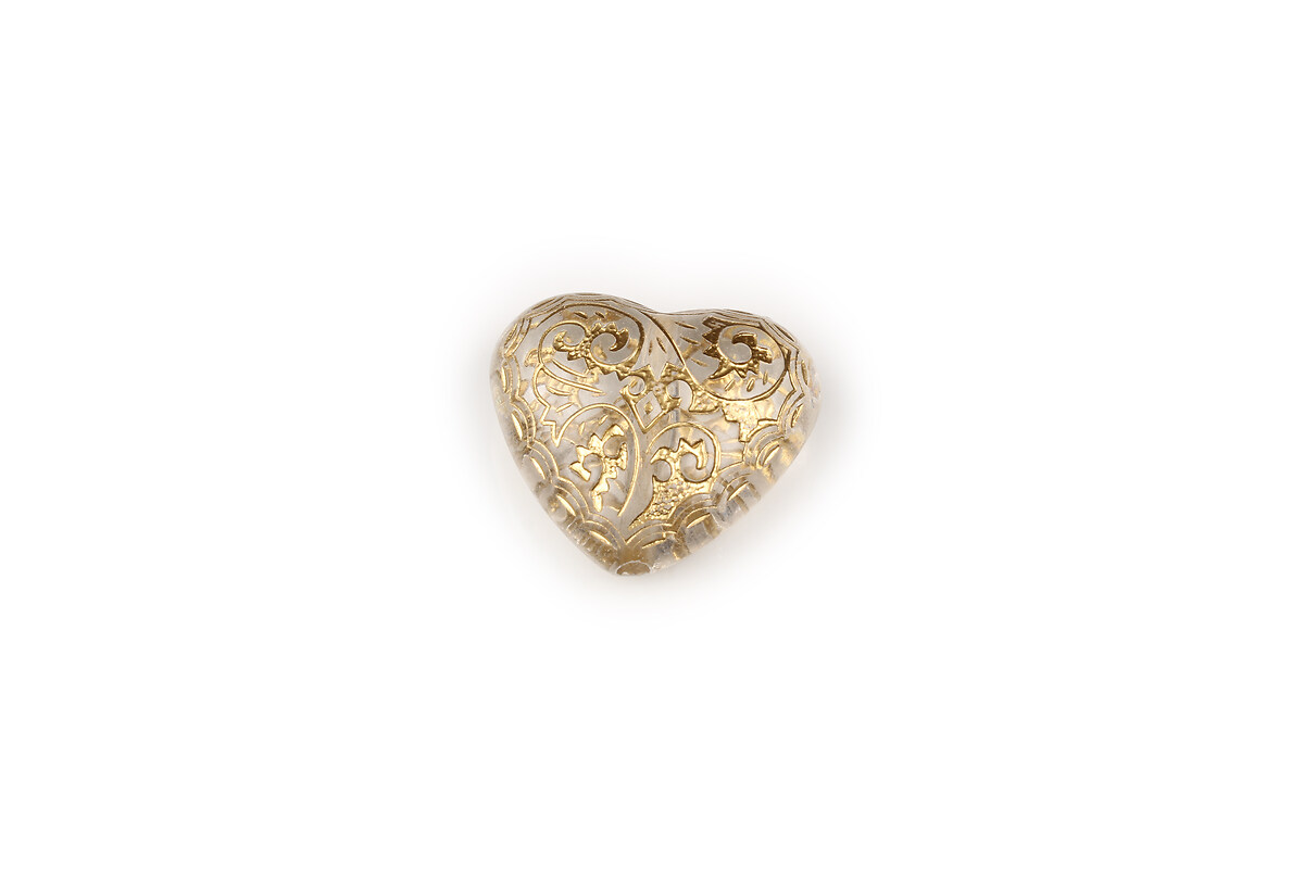 Margele de plastic crem transparent cu insertii metalice aurii, inima 27x30mm