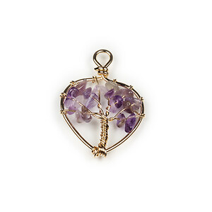 Pandantiv wire wrap auriu copacul vietii inima ametist 38x26mm