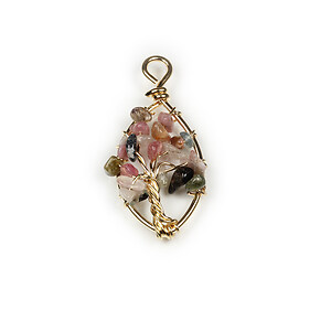 Pandantiv wire wrap auriu copacul vietii turmalina 42x18mm