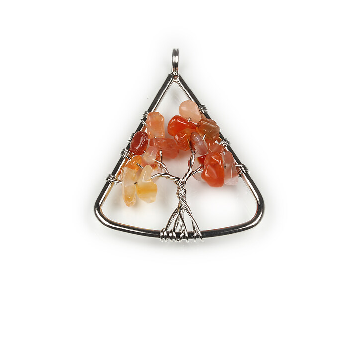 Pandantiv wire wrap argintiu inchis copacul vietii agate rosii