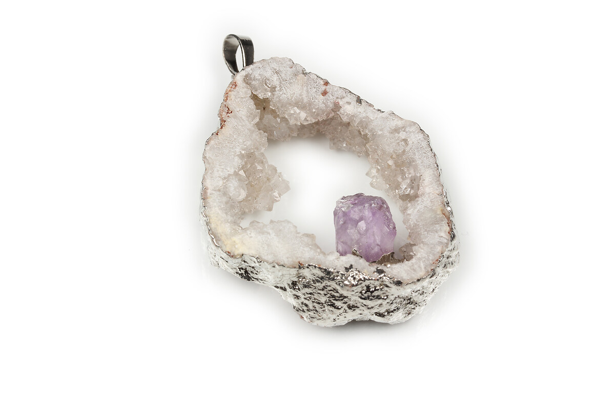 Pandantiv Druzy Agate cu ametist in montura argintie 50x37mm