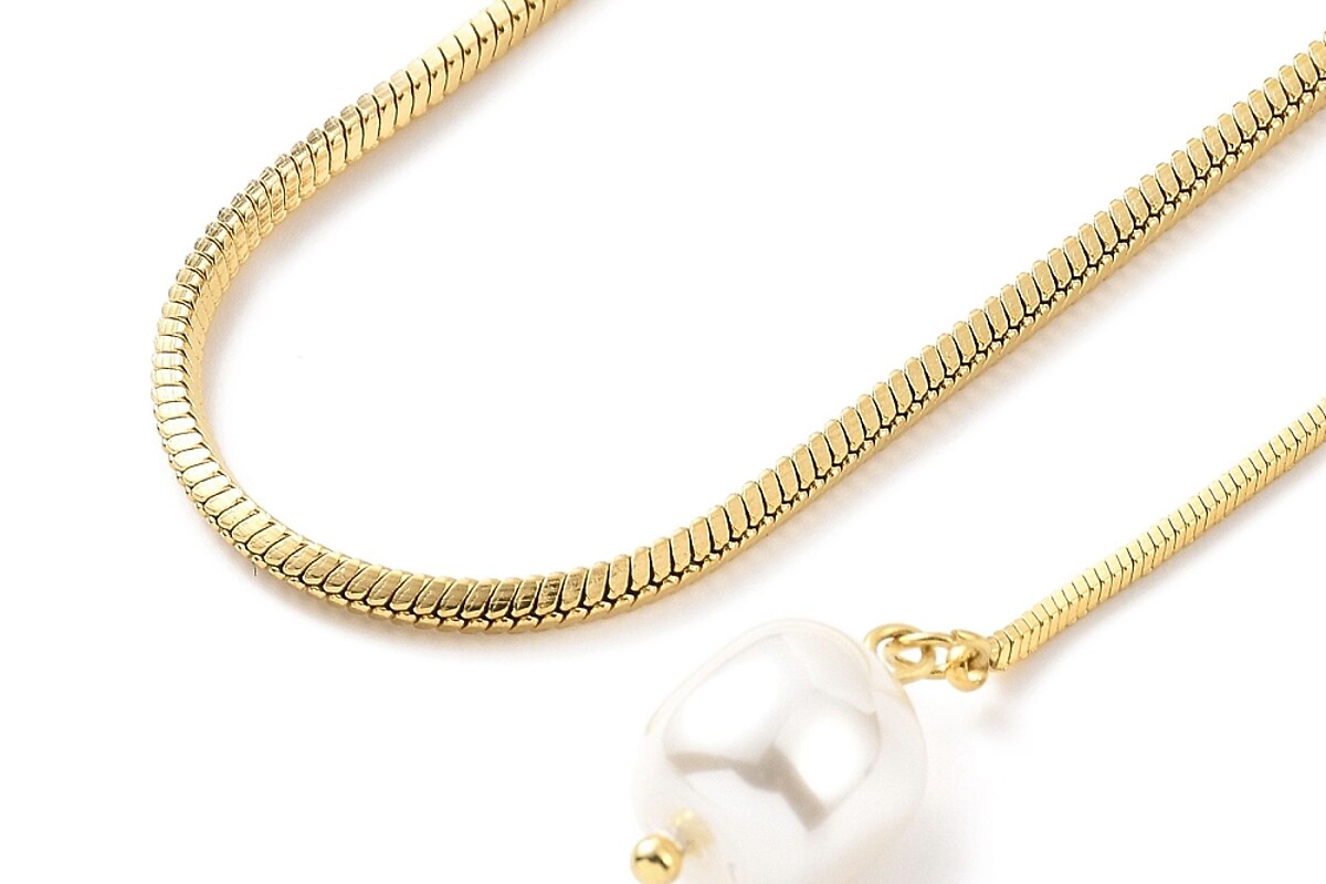 Colier lant lung otel inoxidabil 304 auriu, cu perla acrilica la capat, lungime 112cm