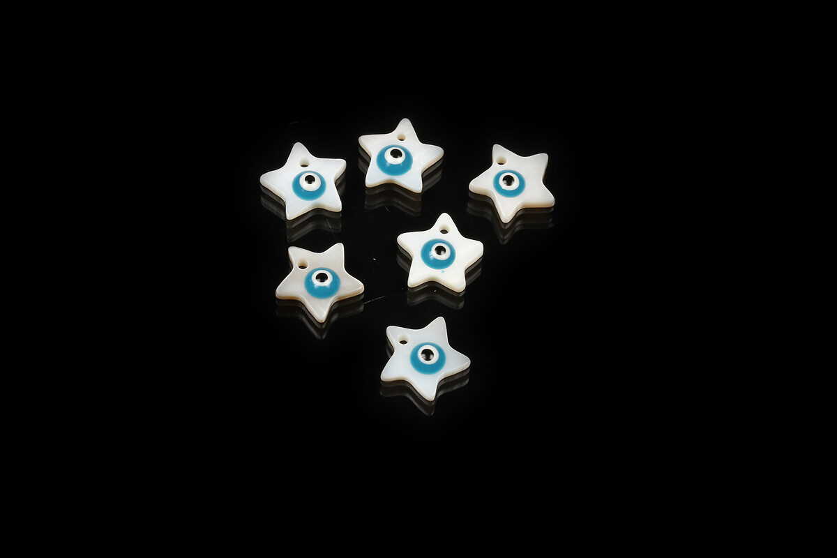 Charm sidef alb cu email bleu evil eye, stea 10x3mm