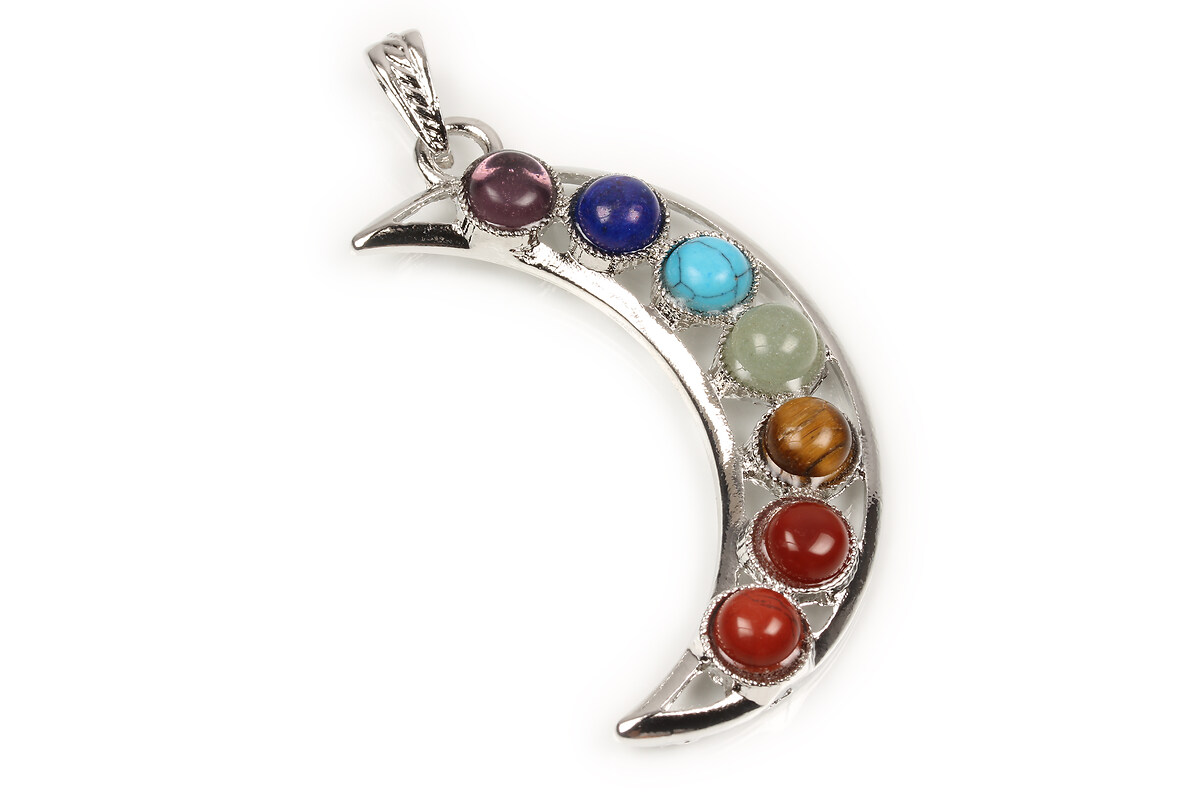 Pandantiv Chakra semiluna cu pietre semipretioase mix 60x35mm