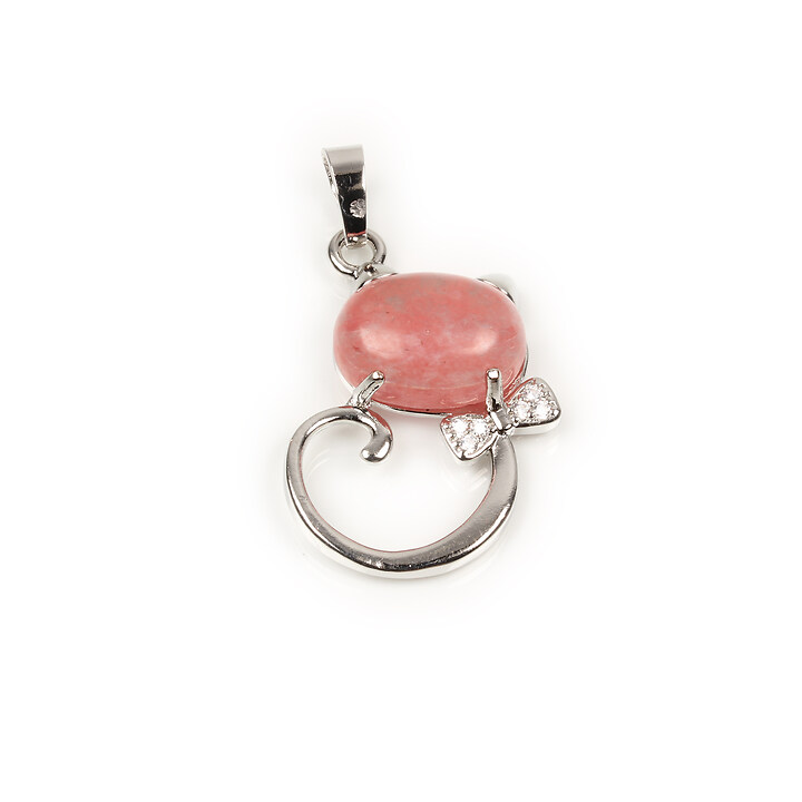 Pandantiv pisica argintiu inchis si cabochon cherry cuart si strasuri cristal 32x25mm