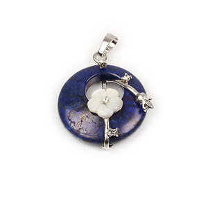 Pandantiv lapis lazuli si floare sidef in montura argintiu inchis 35x28mm
