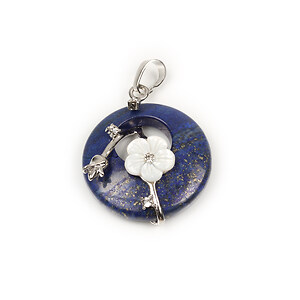 Pandantiv lapis lazuli si floare sidef in montura argintiu inchis 35x28mm
