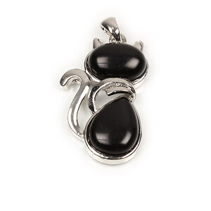 Pandantiv pisica agata neagra in montura argintiu inchis 44x26mm