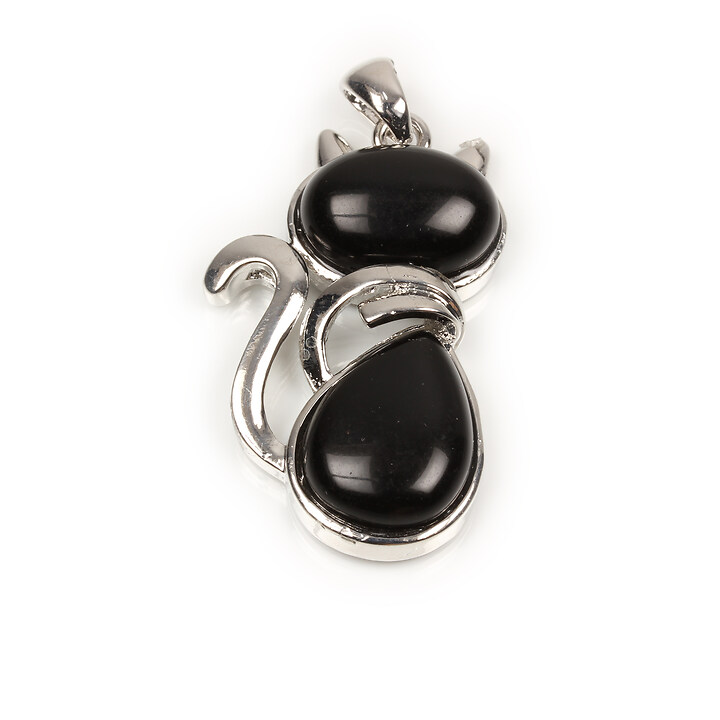 Pandantiv pisica agata neagra in montura argintiu inchis 44x26mm