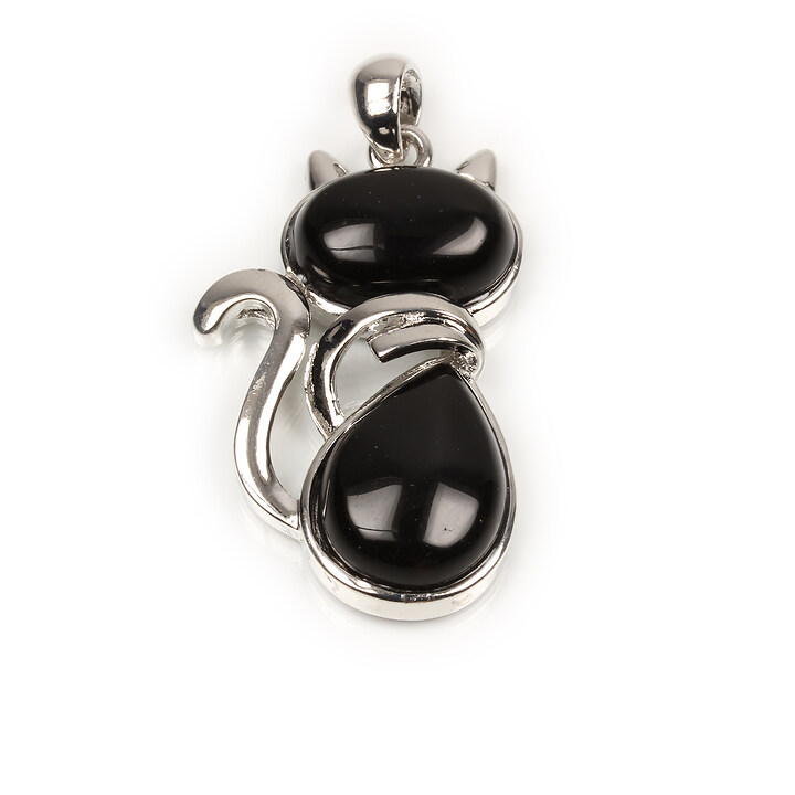 Pandantiv pisica agata neagra in montura argintiu inchis 44x26mm
