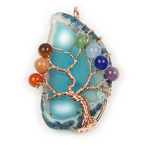 Pandantiv Chakra copacul vietii agata in montura rose gold cu pietre semipretioase mix 61x33mm