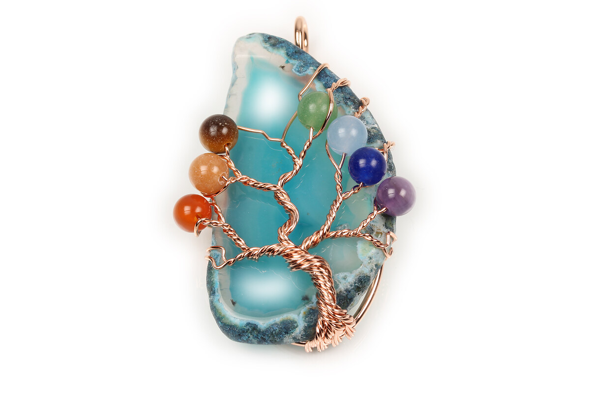 Pandantiv Chakra copacul vietii agata in montura rose gold cu pietre semipretioase mix 61x33mm