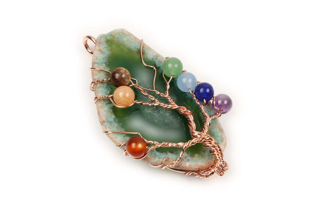 Pandantiv Chakra copacul vietii agata in montura rose gold cu pietre semipretioase mix 65x31mm