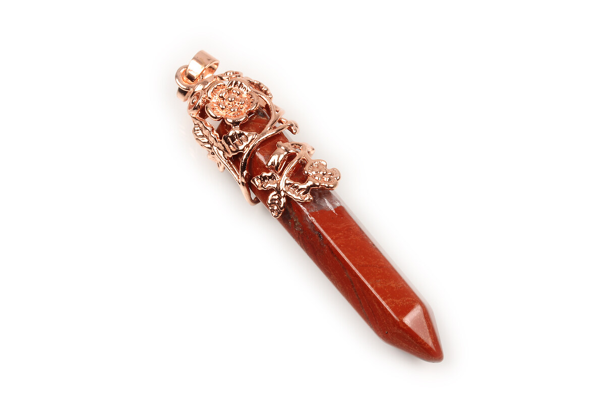 Pandantiv bullet jasp rosu in montura rose gold cu model floral 58x16mm