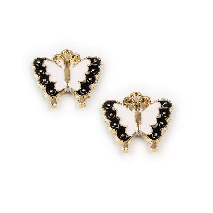 Pandantiv auriu emailat fluture 17x18x2,5mm - alb cu negru