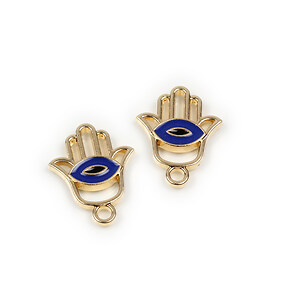 Pandantiv auriu emailat mana Hamsa cu Evil Eye 20x15,5mm - albastru