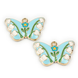 Pandantiv auriu emailat fluture 17,5x28mm - bleu cu lalele albe