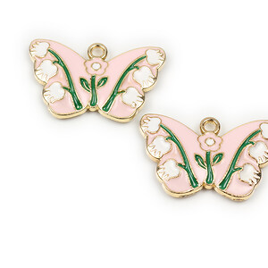 Pandantiv auriu emailat fluture 17,5x28mm - roz cu lalele albe