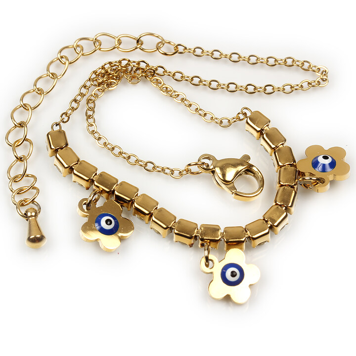 Bratara pentru glezna, otel inoxidabil auriu 304, flori cu email evil eye, lungime 26,8cm