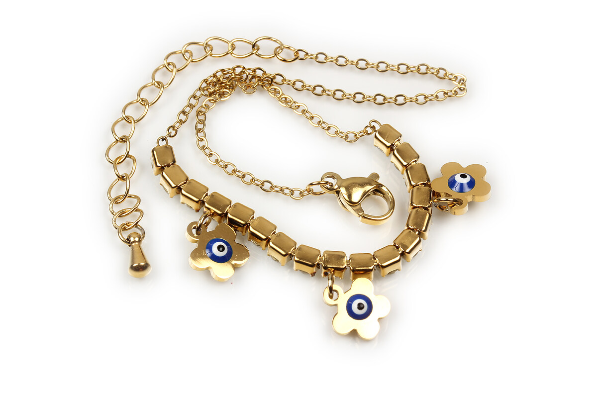 Bratara pentru glezna, otel inoxidabil auriu 304, flori cu email evil eye, lungime 26,8cm