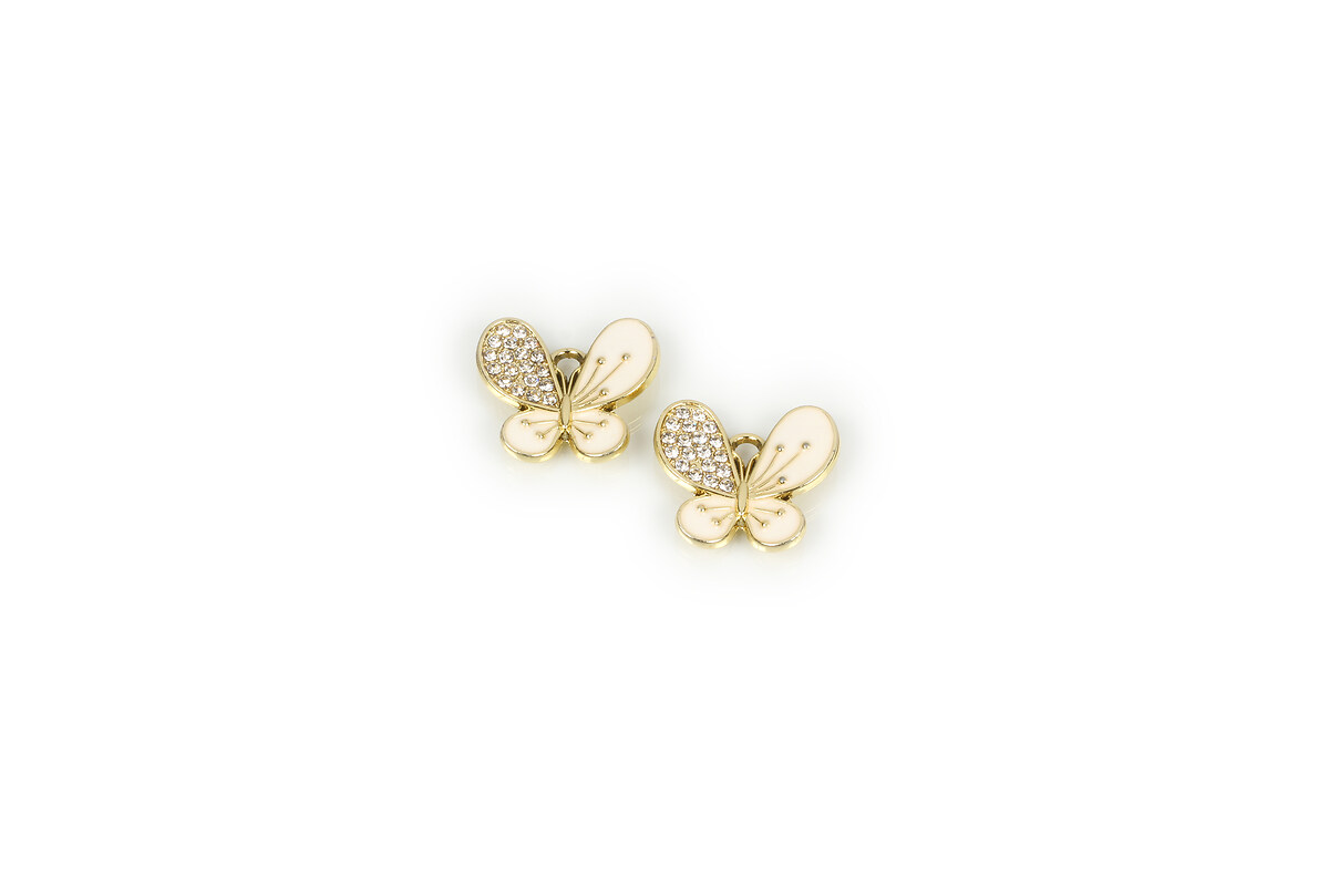 Pandantiv auriu fluture emailat cu strasuri albe 16,5x19mm - crem
