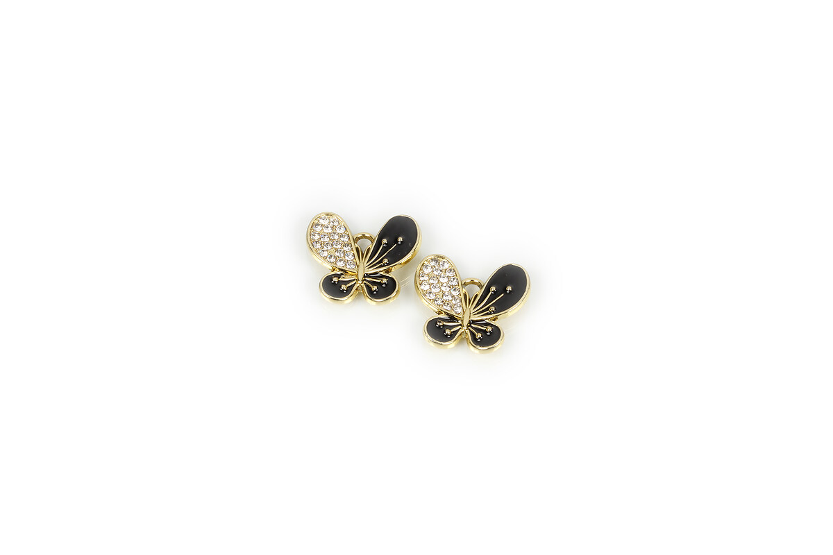 Pandantiv auriu fluture emailat cu strasuri albe 16,5x19mm - negru