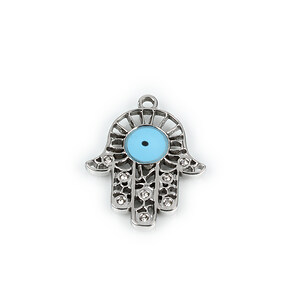 Pandantiv otel inoxidabil 304, mana Hamsa cu strasuri cristal si evil eye emailat, 25x20mm