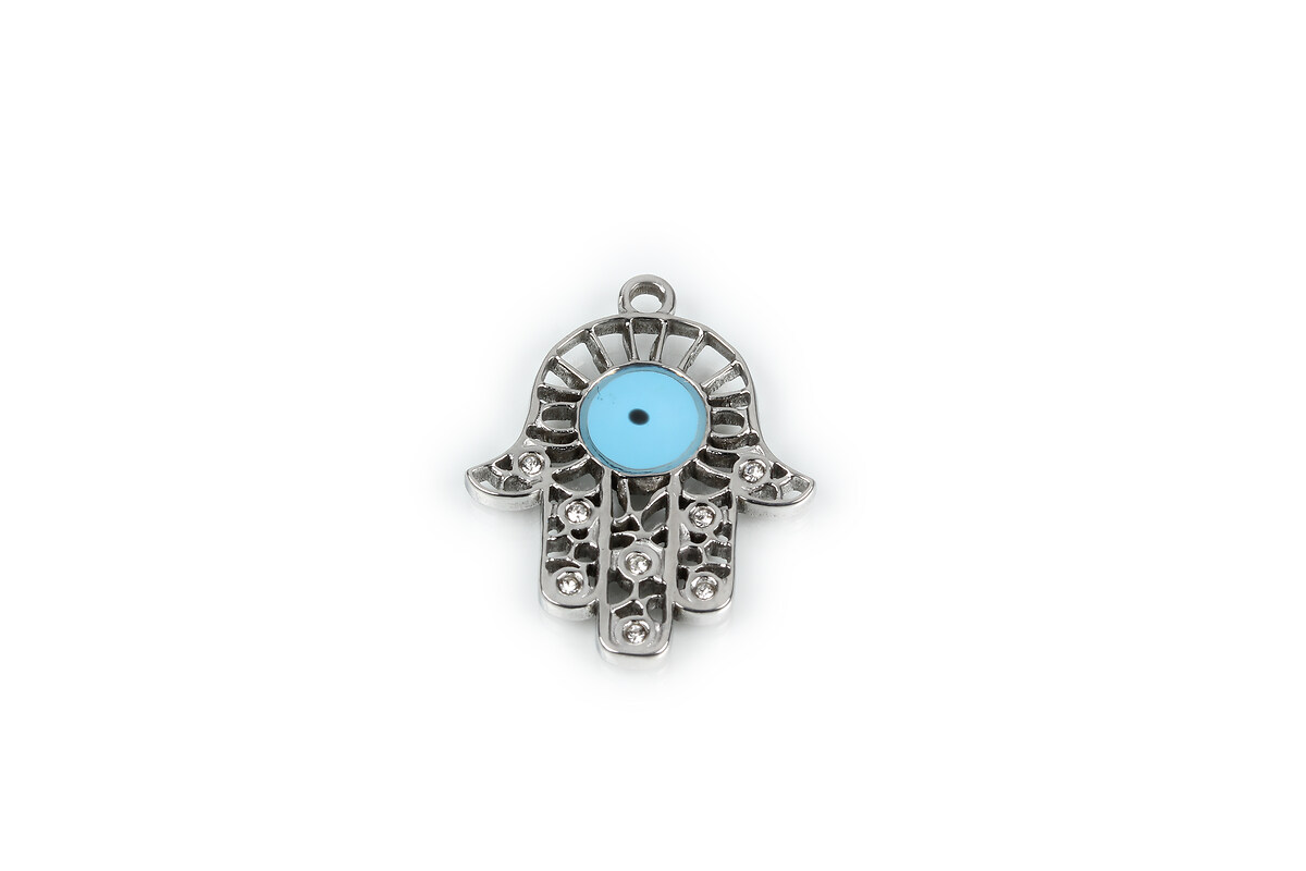 Pandantiv otel inoxidabil 304, mana Hamsa cu strasuri cristal si evil eye emailat, 25x20mm