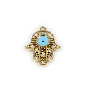 Pandantiv otel inoxidabil 304, auriu, mana Hamsa cu strasuri cristal si evil eye emailat, 25x20mm